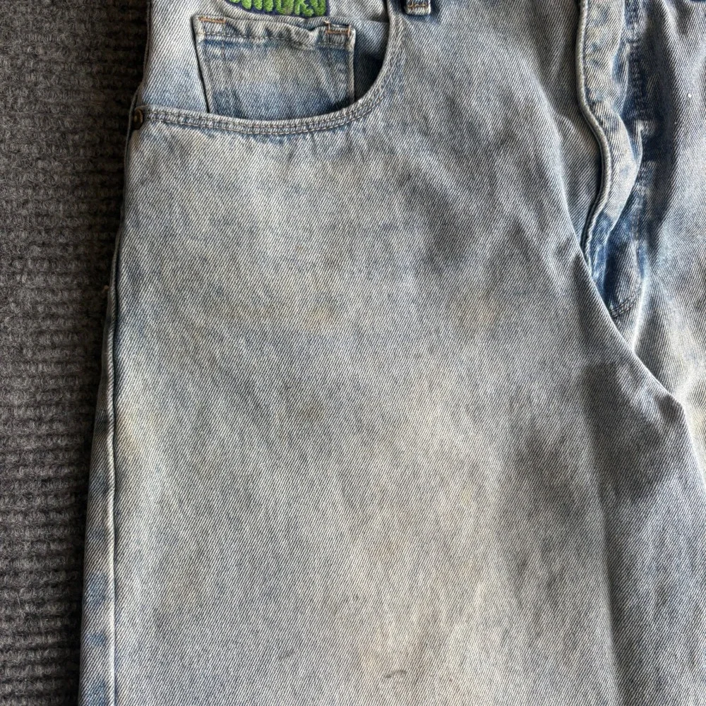 Empyre Light Wash Denim Mini Skirt Size 10 Embroidered Logo Raw Hem Frayed Blue - Picture 3 of 12